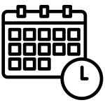 Icona bianco e nero calendario con orologio in basso a destra su sfondo trasparente