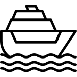Icona bianco e nero barca di profilo su onde su sfondo trasparente