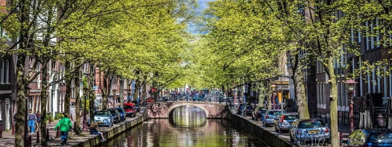 Fotografia di un canale di Amsterdam con gli alberi sui lati in primavera