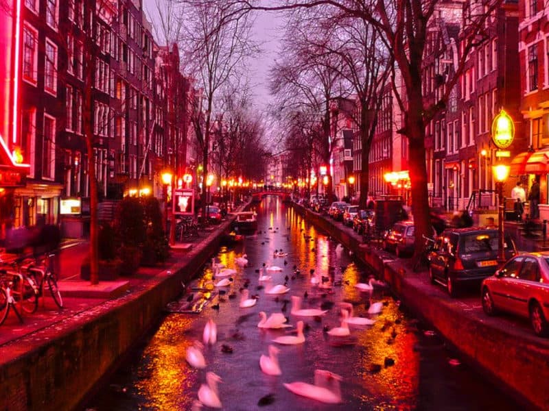 Fotografia di un canale di Amsterdam che attraversa il quartiere a luci rosse di notte con le luci accese