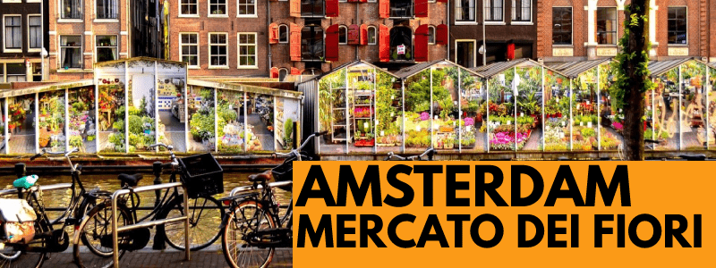 Fotografia del fiume Singel con le bancarelle galleggianti con fiori esposti ed alle spalle edifici in fila colorati ad Amsterdam. In basso a destra rettangolo arancione con scritta nera "Amsterdam mercato dei fiori"